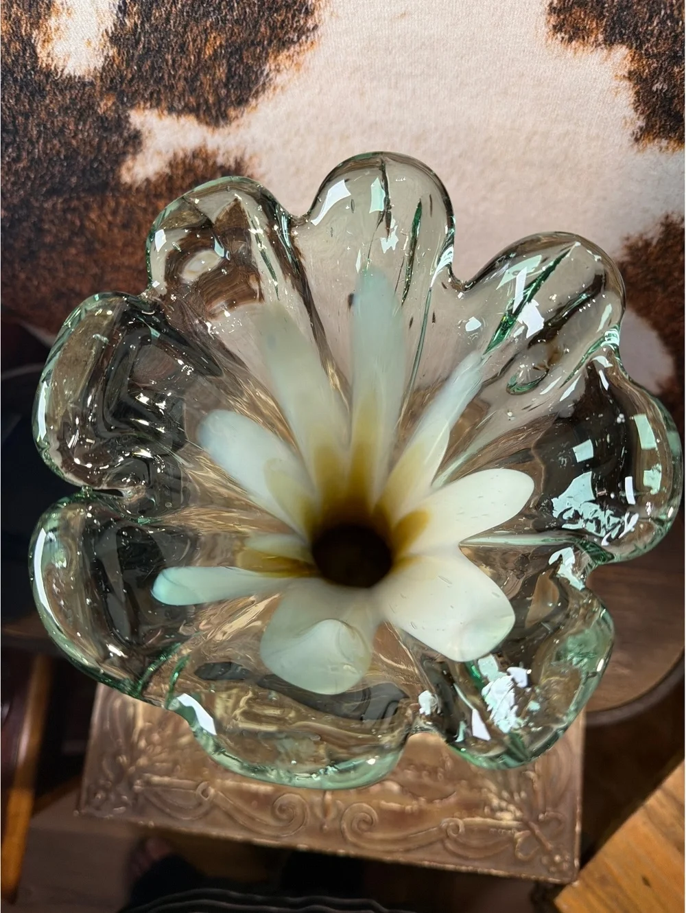 Vintage Italian Murano blown glass Tall Vase with Green and Amber Swirl Design